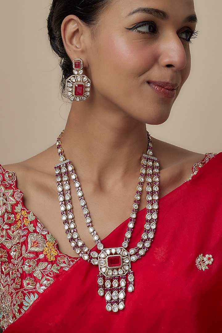 Gold Finish Moissanite & Ruby Stone Long Necklace Set by Moh-Maya by Disha Khatri at Pernia's Pop Up Shop