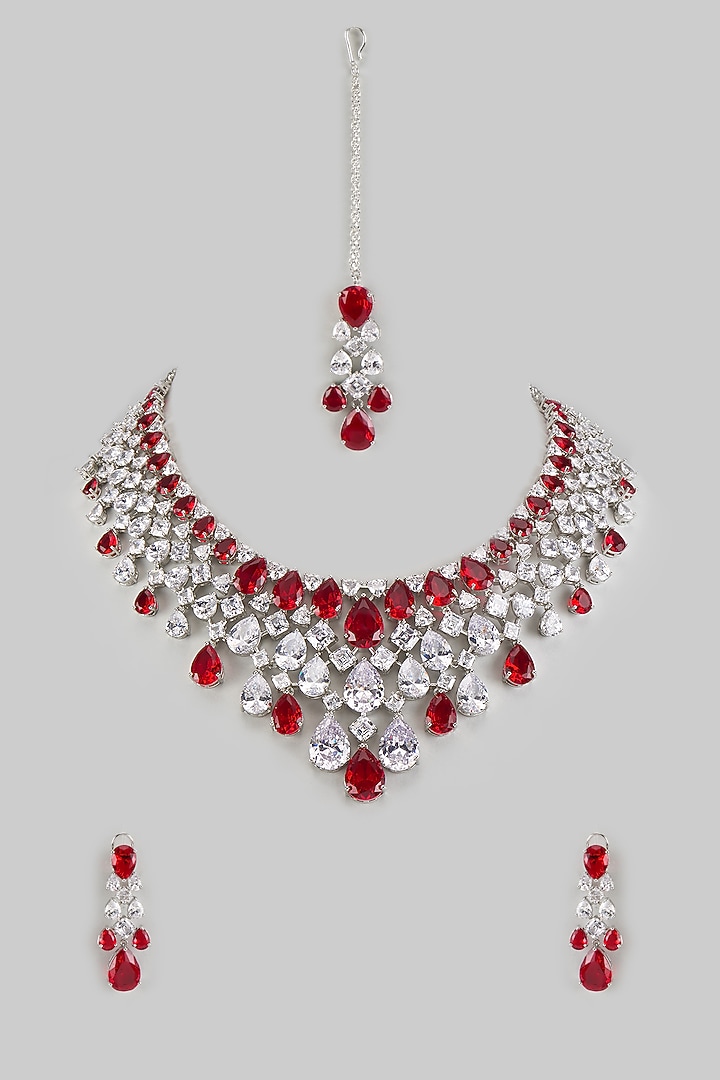 White Finish Zircon & Ruby Stone Choker Necklace Set by Moh-Maya by Disha Khatri at Pernia's Pop Up Shop