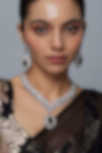 White Finish Zircon & Emerald Stone Long Necklace Set by Moh-Maya by Disha Khatri at Pernia's Pop Up Shop