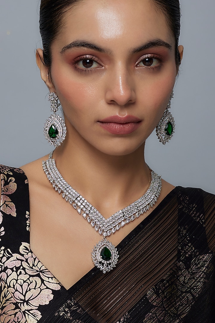 White Finish Zircon & Emerald Stone Long Necklace Set by Moh-Maya by Disha Khatri at Pernia's Pop Up Shop