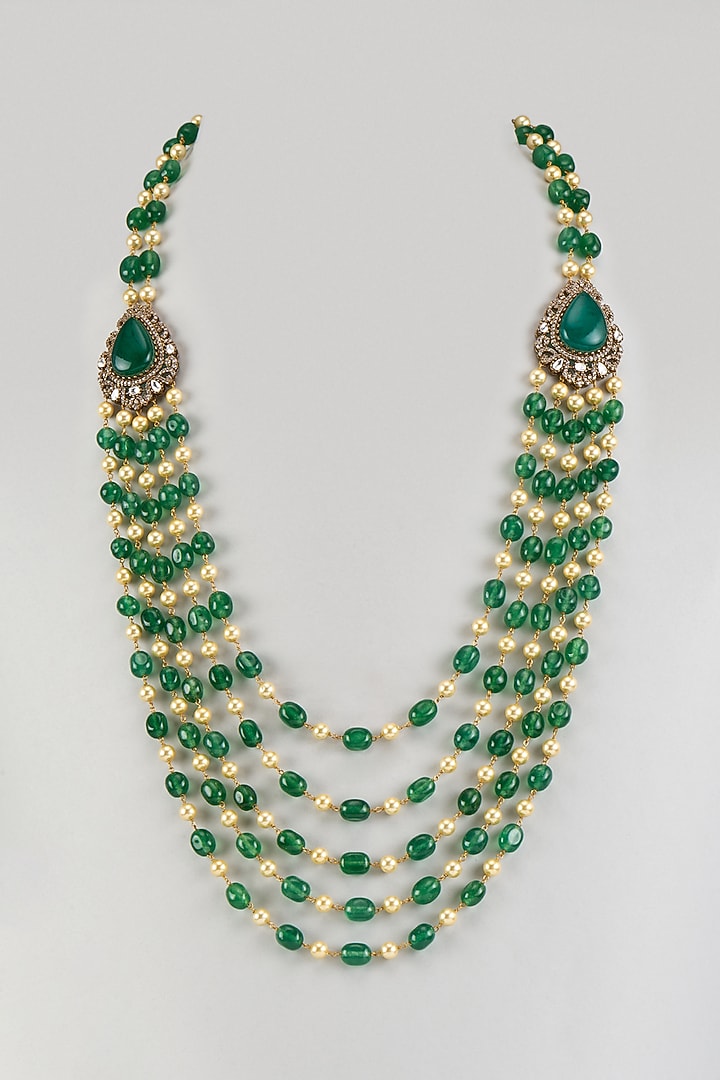 Gold Finish Moissanite & Green Pearl Beaded Long Necklace Set by Moh-Maya by Disha Khatri at Pernia's Pop Up Shop
