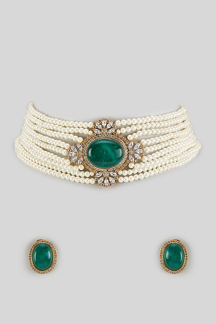 Gold Finish Emerald Stone & Pearl Choker Necklace Set by Moh-Maya by Disha Khatri at Pernia's Pop Up Shop