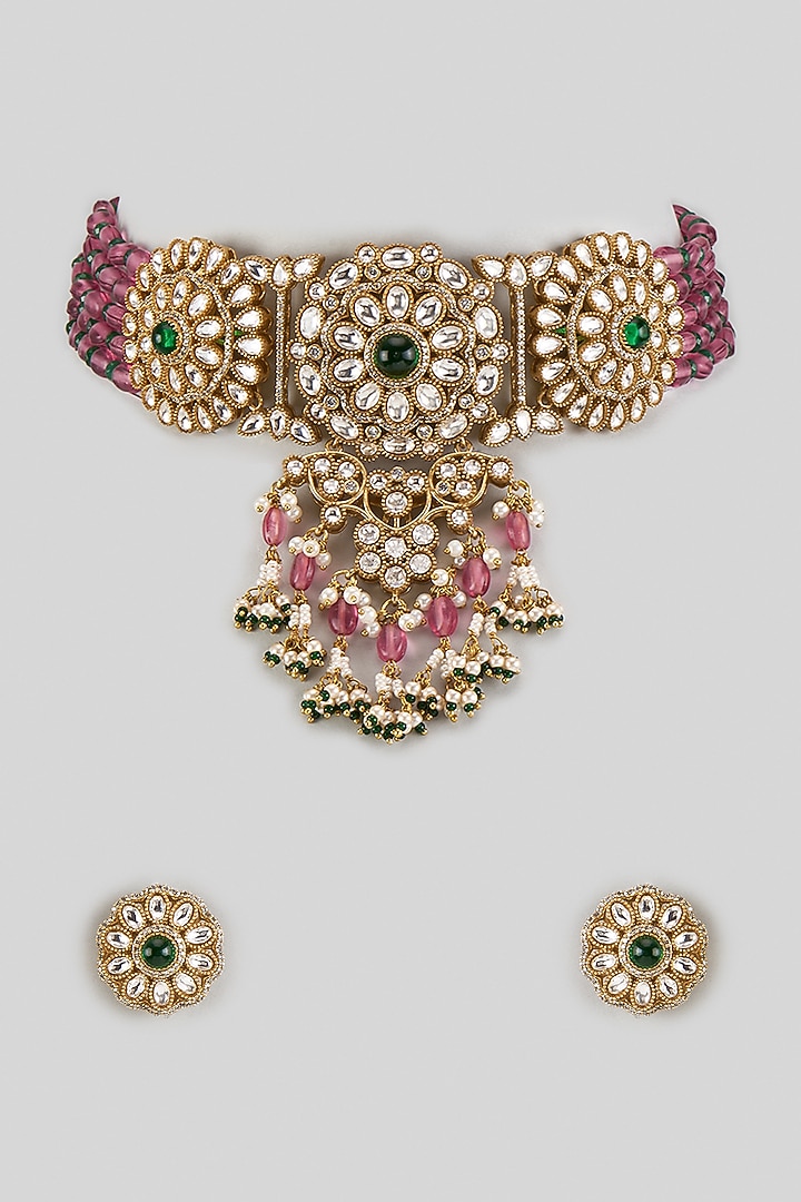 Gold Finish Kundan Polki & Emerald Choker Necklace Set by Moh-Maya by Disha Khatri at Pernia's Pop Up Shop