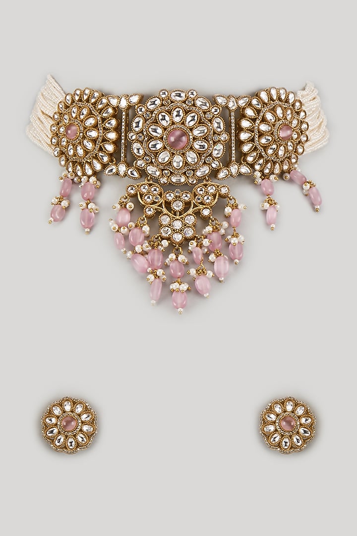 Gold Finish Kundan Polki & Rose Quartz Stone Choker Necklace Set by Moh-Maya by Disha Khatri at Pernia's Pop Up Shop