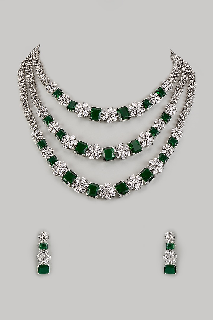 White Finish Zircon & Emerald Layered Necklace Set by Moh-Maya by Disha Khatri at Pernia's Pop Up Shop