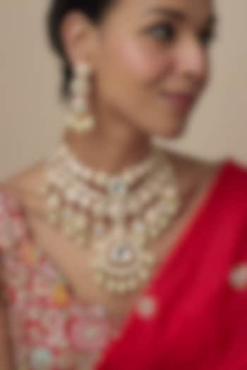 Gold Finish Ruby & Pearl Beaded Long Necklace Set by Moh-Maya by Disha Khatri at Pernia's Pop Up Shop