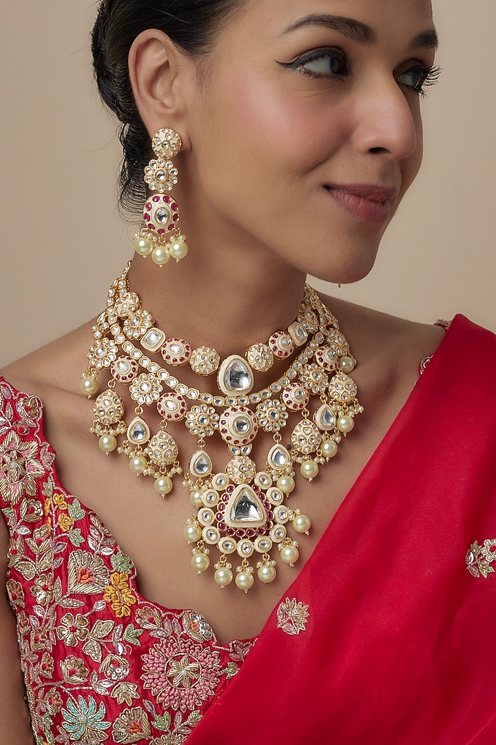 Gold Finish Ruby & Pearl Beaded Long Necklace Set by Moh-Maya by Disha Khatri at Pernia's Pop Up Shop