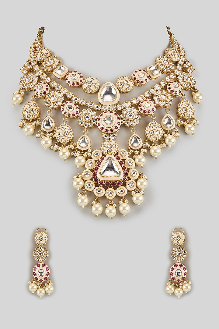 Gold Finish Ruby & Pearl Beaded Long Necklace Set by Moh-Maya by Disha Khatri at Pernia's Pop Up Shop