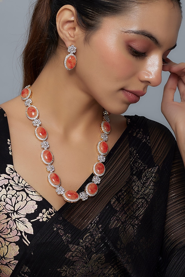 Gold Finish Orange Moonstone & Zircon Long Necklace Set by Moh-Maya by Disha Khatri at Pernia's Pop Up Shop