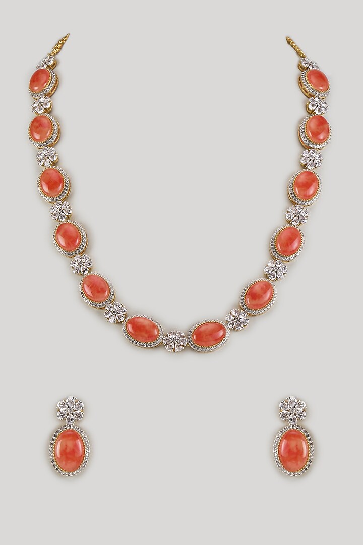 Gold Finish Orange Moonstone & Zircon Long Necklace Set by Moh-Maya by Disha Khatri at Pernia's Pop Up Shop