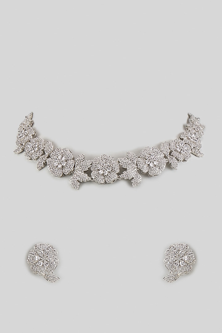 White Finish Moissanite & Zircon Choker Necklace Set by Moh-Maya by Disha Khatri at Pernia's Pop Up Shop