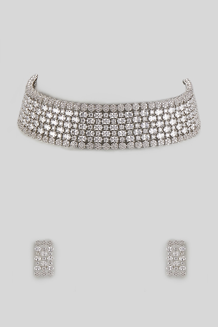 White Finish Moissanite & Zircon Choker Necklace Set by Moh-Maya by Disha Khatri at Pernia's Pop Up Shop
