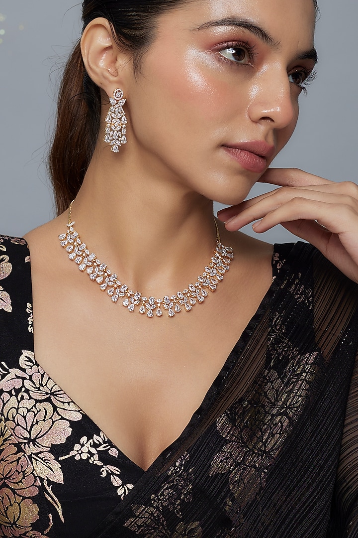 Gold Finish Moissanite & Zircon Choker Necklace Set by Moh-Maya by Disha Khatri at Pernia's Pop Up Shop