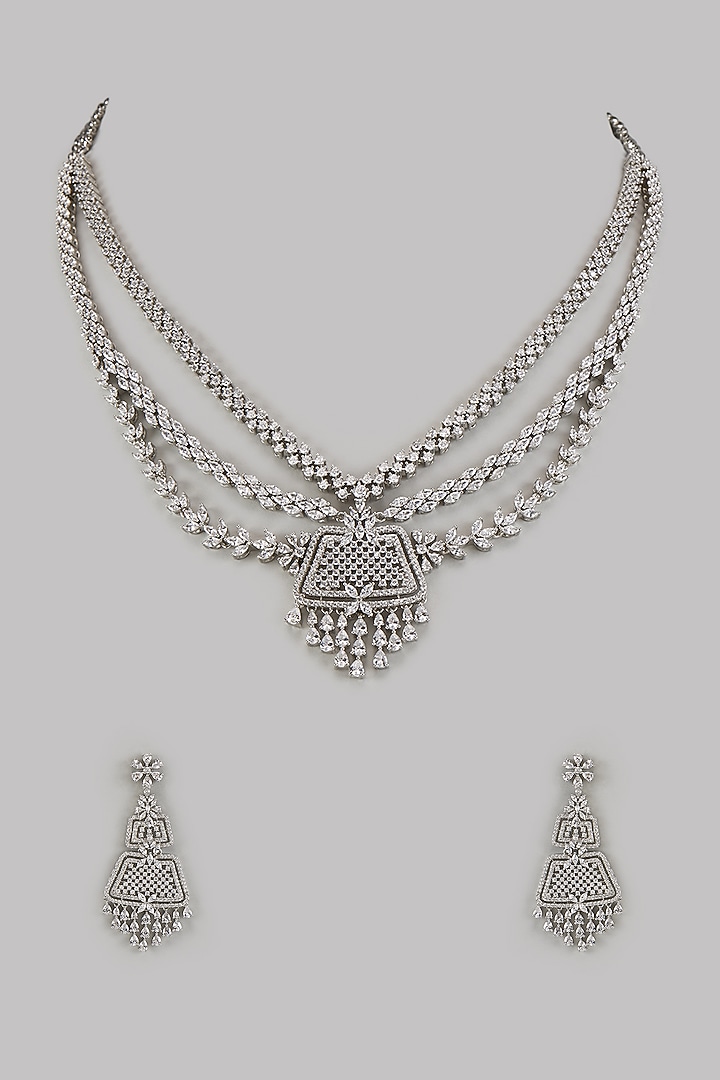 White Finish Moissanite & Zircon Long Necklace Set by Moh-Maya by Disha Khatri at Pernia's Pop Up Shop