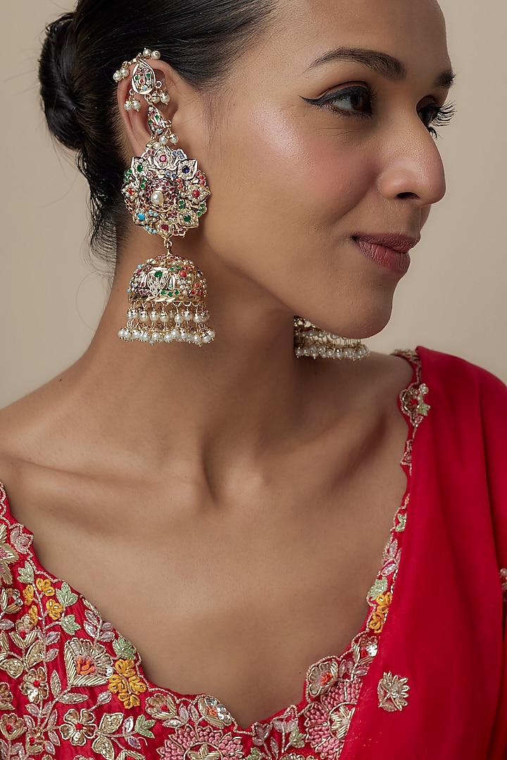 Gold Finish Multi-Colored Stone & Pearl Dangler Earrings by Moh-Maya by Disha Khatri at Pernia's Pop Up Shop