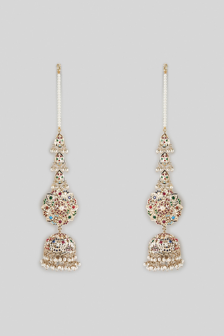 Gold Finish Multi-Colored Stone & Pearl Dangler Earrings by Moh-Maya by Disha Khatri at Pernia's Pop Up Shop