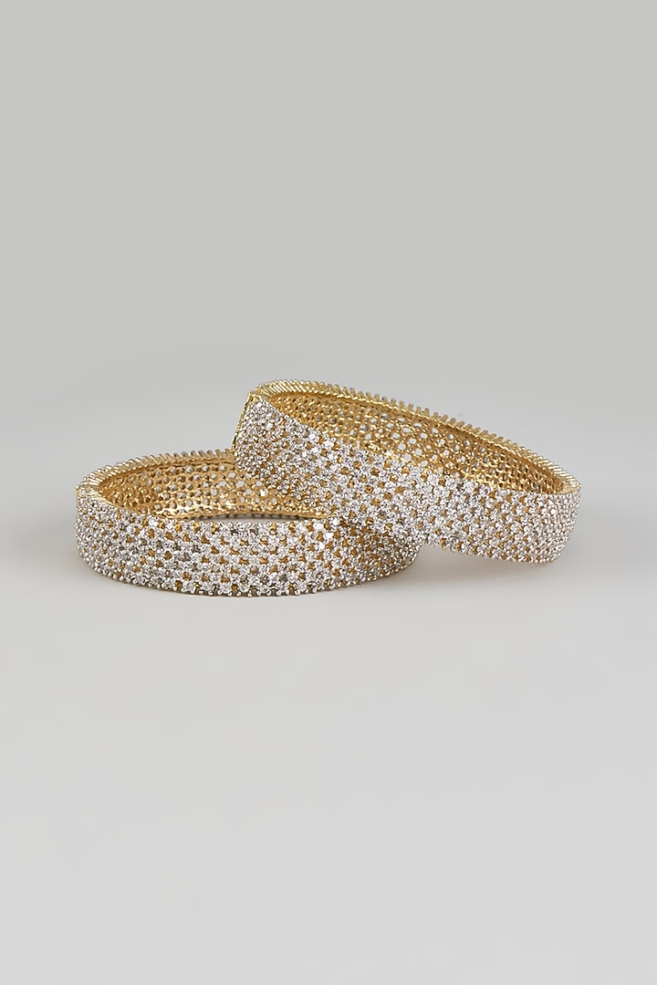 Gold Finish Moissanite & Zircon Bangles (Set Of 2) by Moh-Maya by Disha Khatri at Pernia's Pop Up Shop