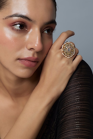 Gold Finish Zircon & Pearl Ring by Moh-Maya by Disha Khatri