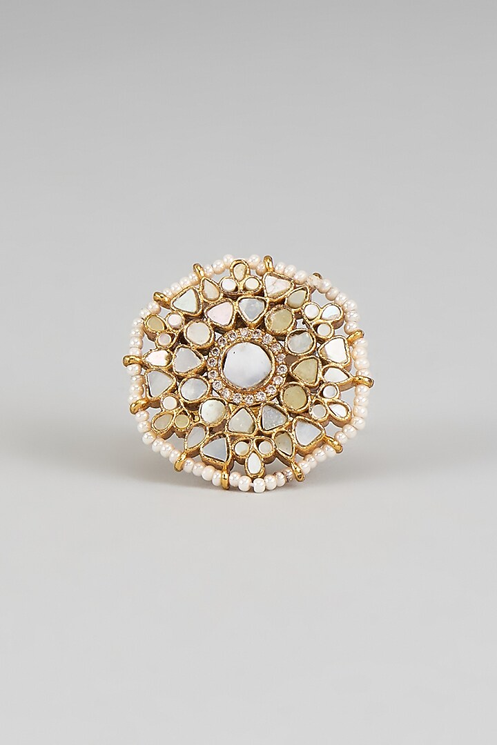 Gold Finish Zircon & Pearl Ring by Moh-Maya by Disha Khatri at Pernia's Pop Up Shop
