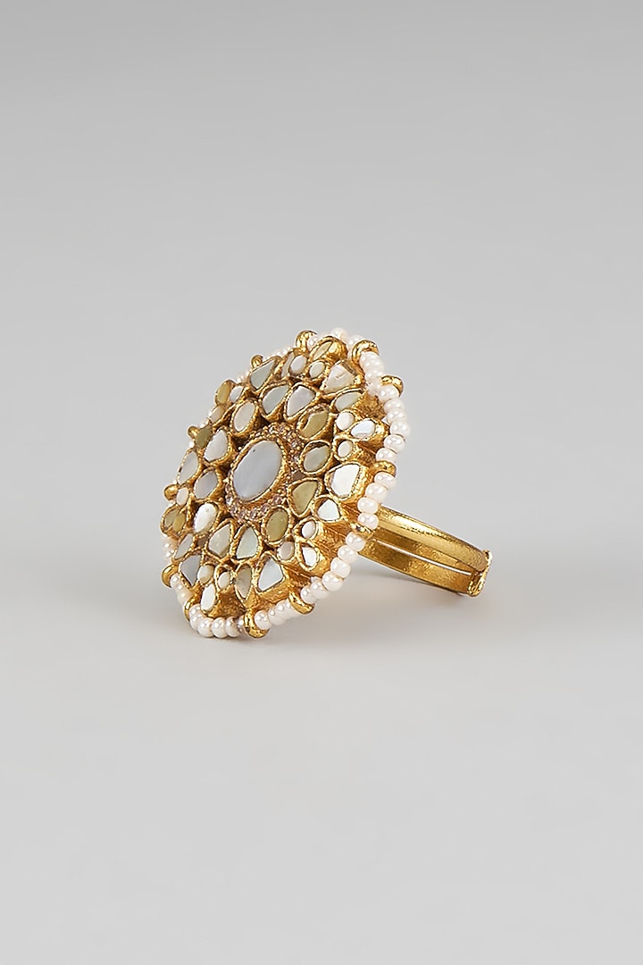 Gold Finish Zircon & Pearl Ring by Moh-Maya by Disha Khatri at Pernia's Pop Up Shop