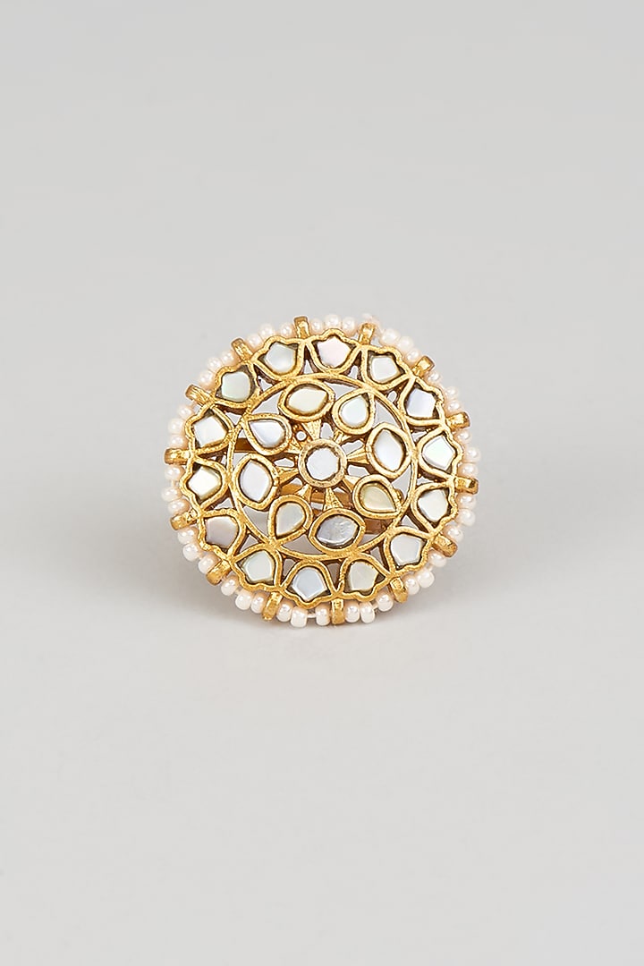 Gold Finish Mother Of Pearl Ring by Moh-Maya by Disha Khatri at Pernia's Pop Up Shop