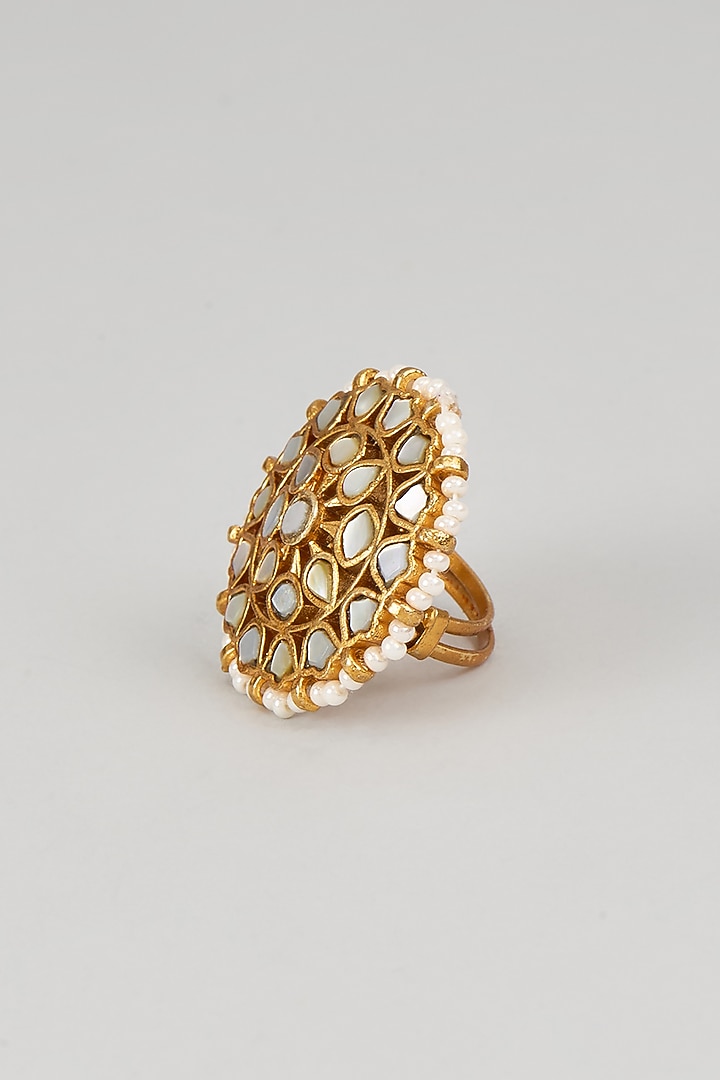 Gold Finish Mother Of Pearl Ring by Moh-Maya by Disha Khatri at Pernia's Pop Up Shop