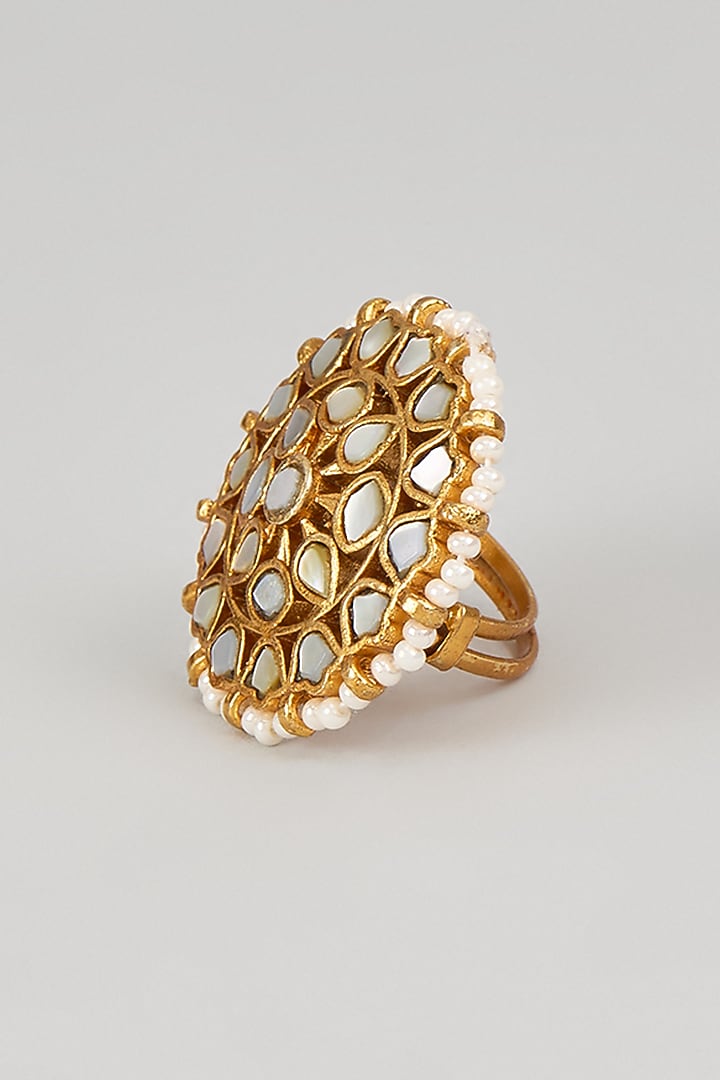 Gold Finish Mother Of Pearl Ring by Moh-Maya by Disha Khatri at Pernia's Pop Up Shop