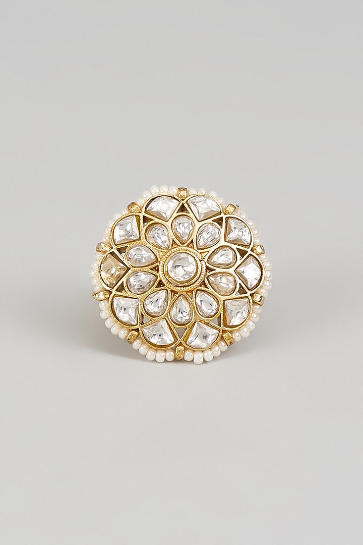 Gold Finish Moissanite & Pearl Ring by Moh-Maya by Disha Khatri at Pernia's Pop Up Shop