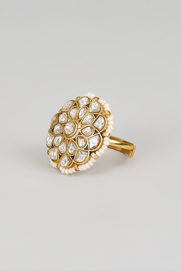 Gold Finish Moissanite & Pearl Ring by Moh-Maya by Disha Khatri at Pernia's Pop Up Shop