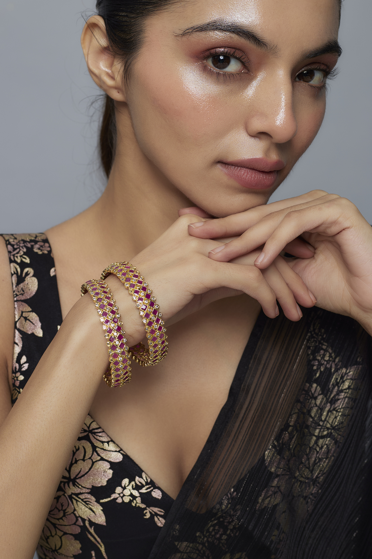 Gold Finish Kundan Polki & Ruby Stone Bangles (Set Of 2) by Moh-Maya by Disha Khatri at Pernia's Pop Up Shop