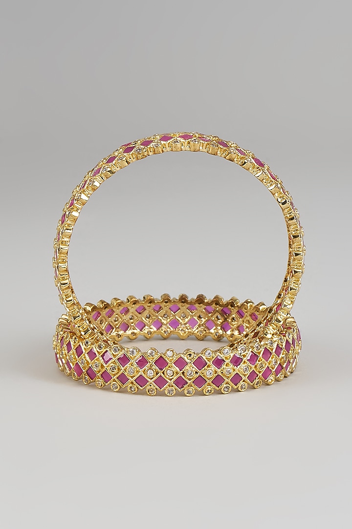 Gold Finish Kundan Polki & Ruby Stone Bangles (Set Of 2) by Moh-Maya by Disha Khatri at Pernia's Pop Up Shop