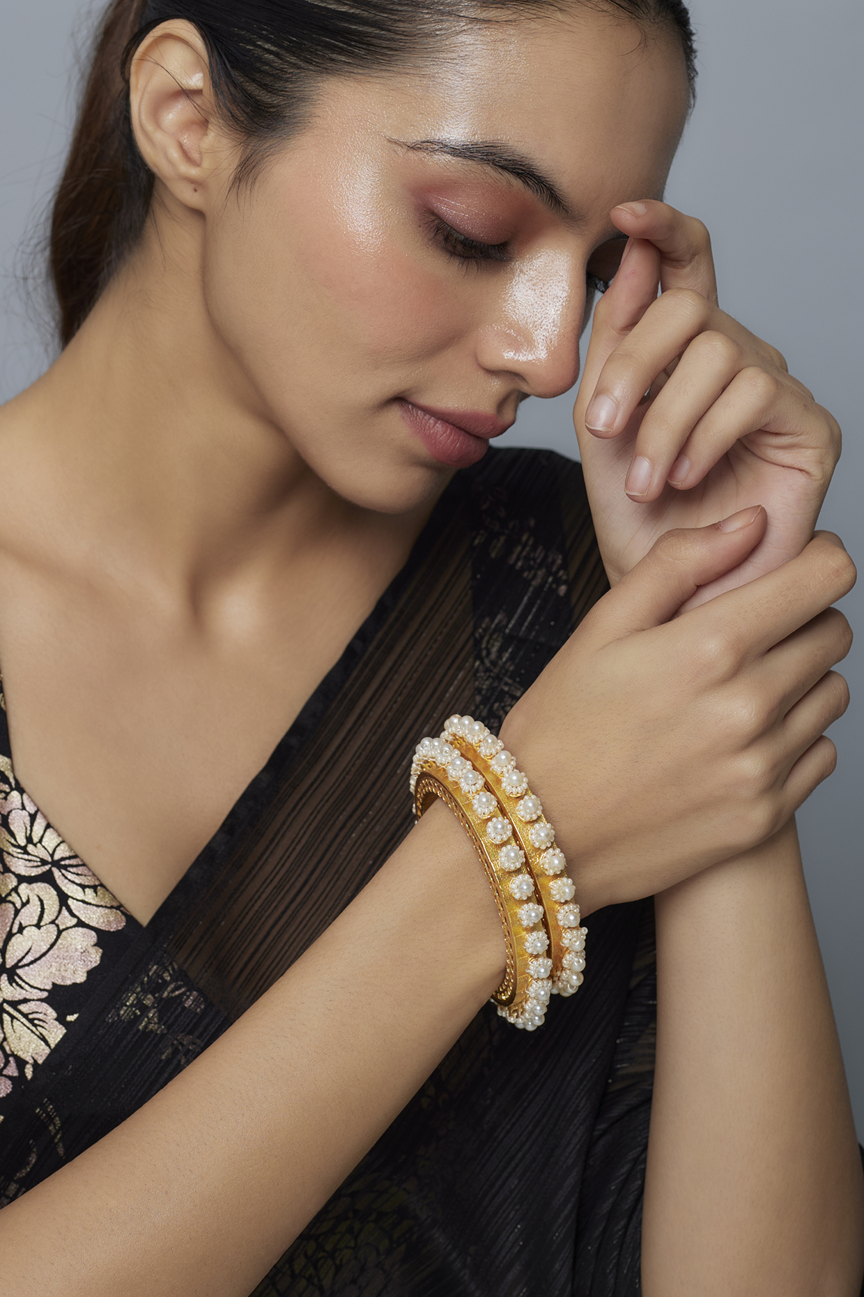 Gold Finish Pearl Bangles Set Of 2 by Moh Maya by Disha Khatri at Pernia s Pop Up Shop 2024