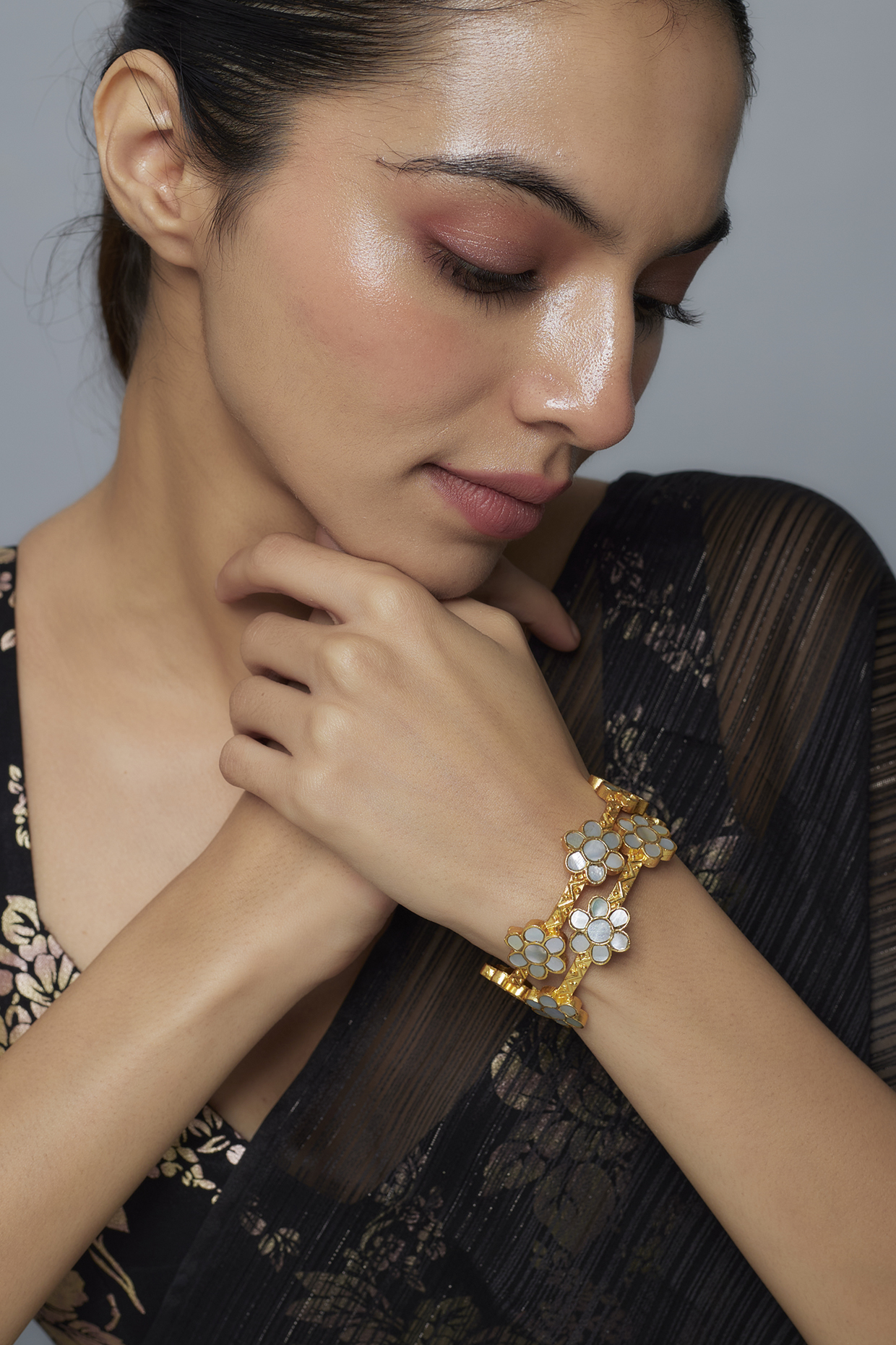 Gold Finish Mother Of Pearl Bangles (Set Of 2) by Moh-Maya by Disha Khatri at Pernia's Pop Up Shop