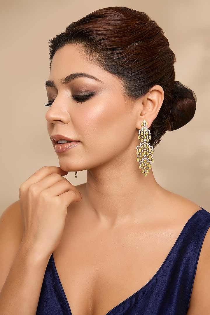 Silver Finish Zircon & Citrine Stone Dangler Earrings by Moh-Maya by Disha Khatri at Pernia's Pop Up Shop
