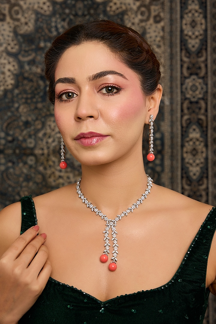 Silver Finish Zircon & Orange Stone Long Necklace Set by Moh-Maya by Disha Khatri at Pernia's Pop Up Shop