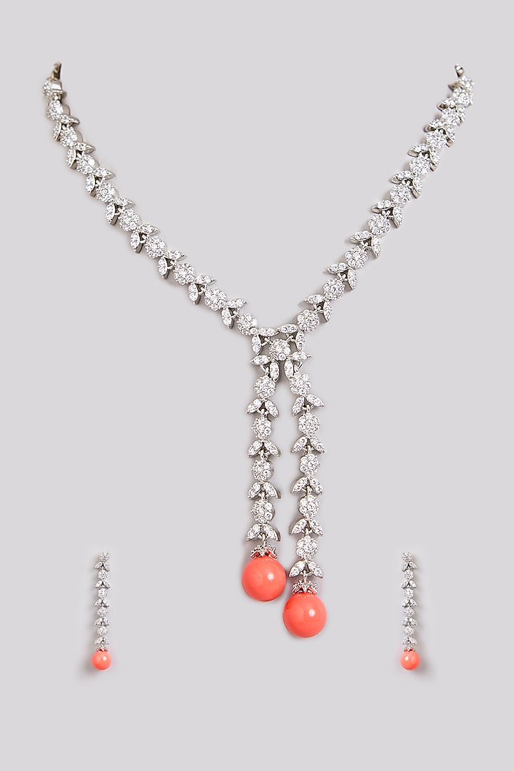 Silver Finish Zircon & Orange Stone Long Necklace Set by Moh-Maya by Disha Khatri at Pernia's Pop Up Shop
