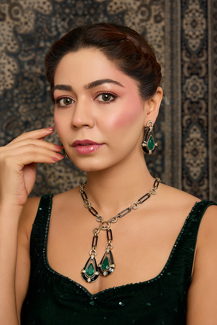 Gold Finish Zircon & Emerald Stone Long Necklace Set by Moh-Maya by Disha Khatri at Pernia's Pop Up Shop
