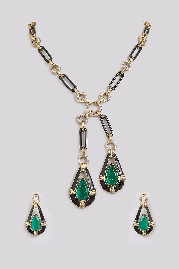 Gold Finish Zircon & Emerald Stone Long Necklace Set by Moh-Maya by Disha Khatri at Pernia's Pop Up Shop