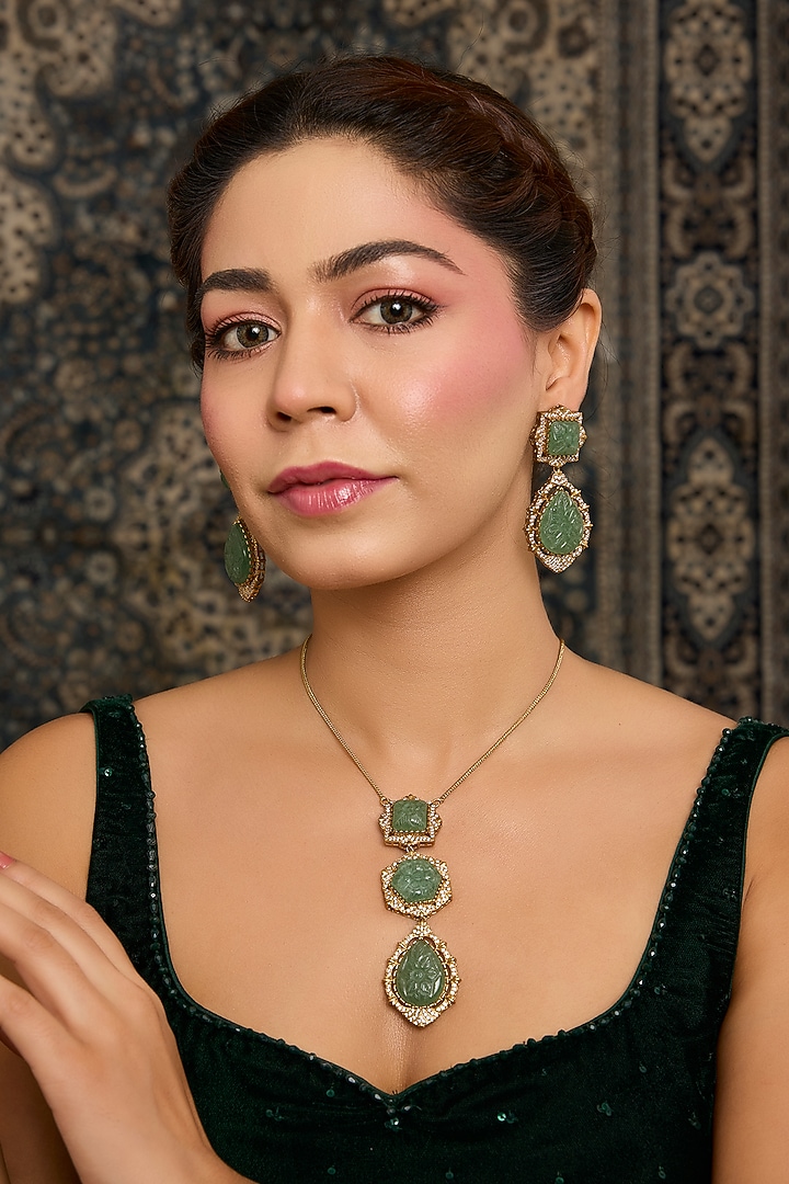 Gold Finish Zircon & Mint Stone Long Necklace Set by Moh-Maya by Disha Khatri at Pernia's Pop Up Shop