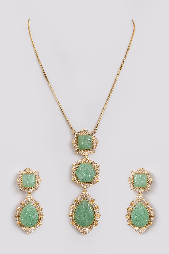Gold Finish Zircon & Mint Stone Long Necklace Set by Moh-Maya by Disha Khatri at Pernia's Pop Up Shop