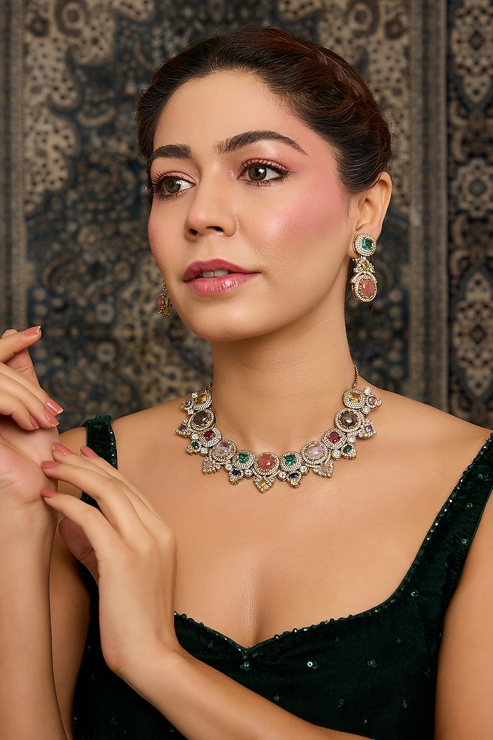 Gold Finish Zircon & Multi-Colored Stone Choker Necklace Set by Moh-Maya by Disha Khatri at Pernia's Pop Up Shop