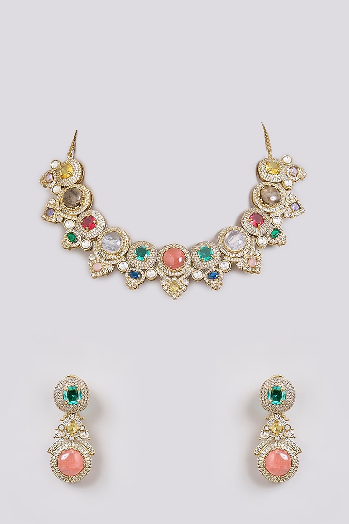 Gold Finish Zircon & Multi-Colored Stone Choker Necklace Set by Moh-Maya by Disha Khatri at Pernia's Pop Up Shop