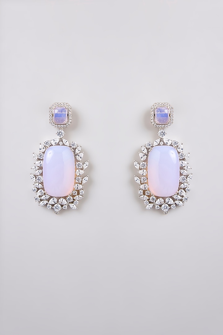 Silver Finish Zircon & Rose Quartz Stone Dangler Earrings by Moh-Maya by Disha Khatri at Pernia's Pop Up Shop