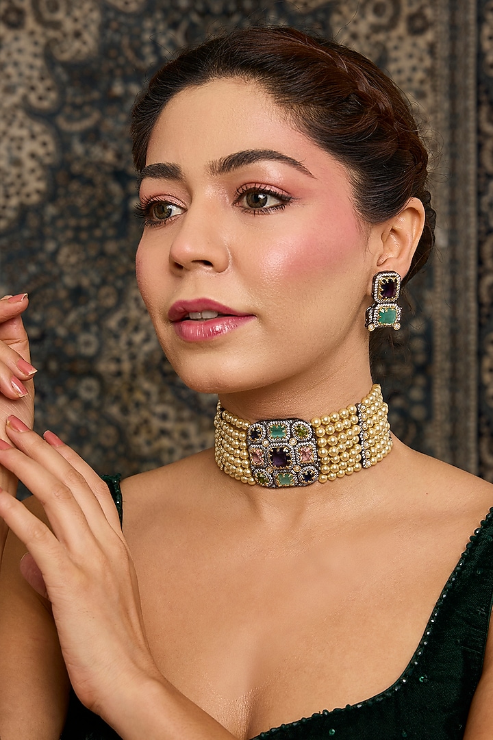 Gold Finish Zircon & Multi-Colored Stone Choker Necklace Set by Moh-Maya by Disha Khatri at Pernia's Pop Up Shop