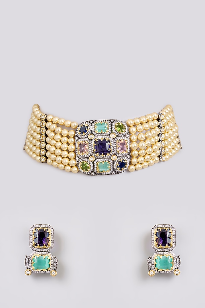Gold Finish Zircon & Multi-Colored Stone Choker Necklace Set by Moh-Maya by Disha Khatri at Pernia's Pop Up Shop