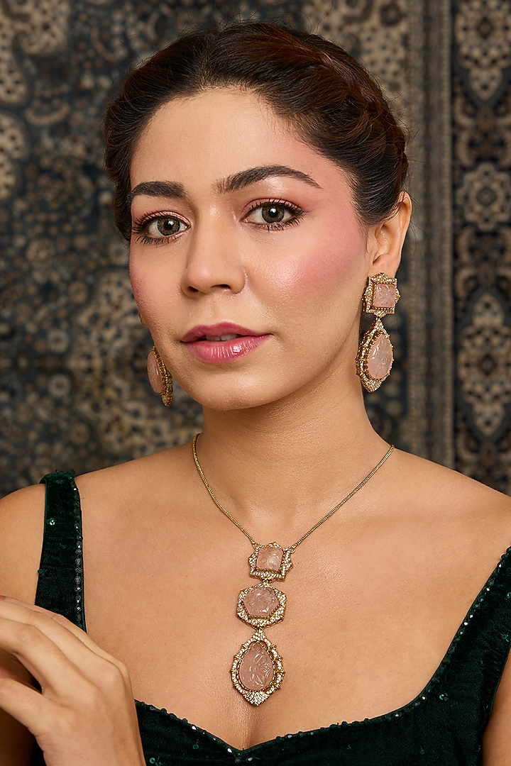 Gold Finish Zircon & Rose Quartz Stone Long Pendant Necklace Set by Moh-Maya by Disha Khatri at Pernia's Pop Up Shop