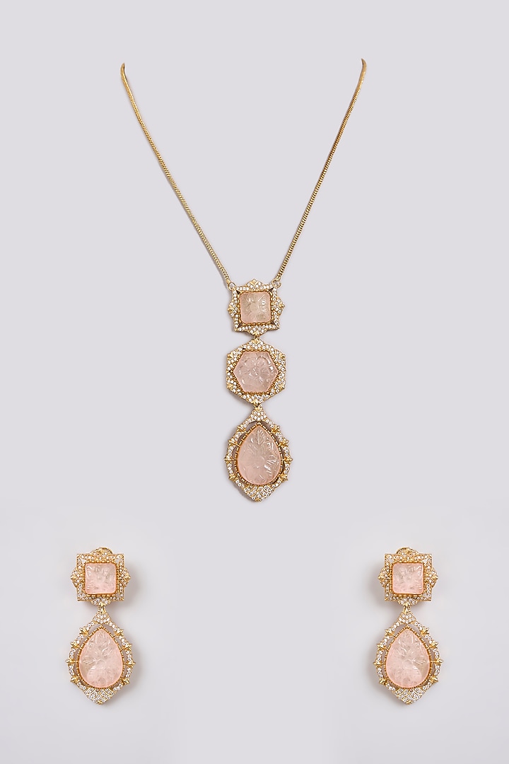 Gold Finish Zircon & Rose Quartz Stone Long Pendant Necklace Set by Moh-Maya by Disha Khatri at Pernia's Pop Up Shop