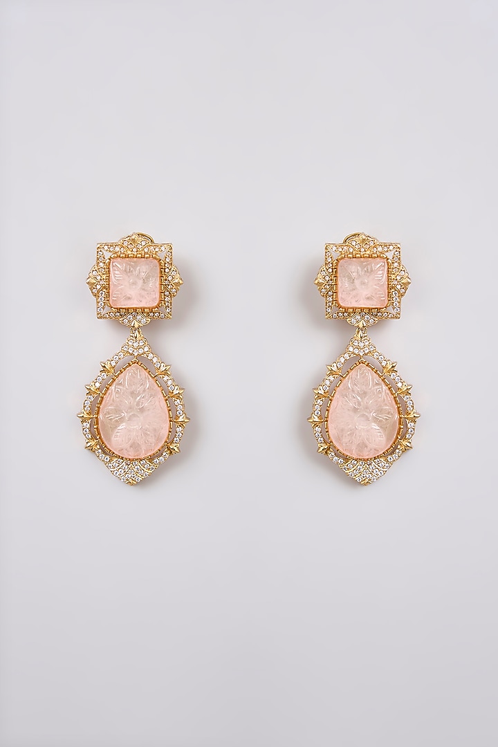 Gold Finish Zircon & Rose Quartz Stone Long Pendant Necklace Set by Moh-Maya by Disha Khatri at Pernia's Pop Up Shop