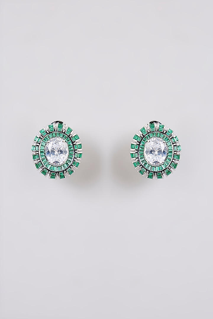 Silver Finish Zircon & Emerald Stone Stud Earrings by Moh-Maya by Disha Khatri at Pernia's Pop Up Shop