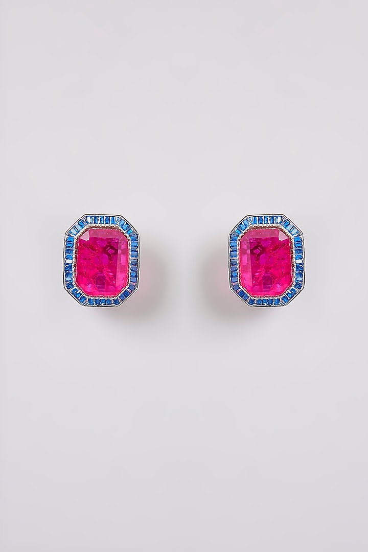 Silver Finish Zircon & Sapphire Stone Stud Earrings by Moh-Maya by Disha Khatri at Pernia's Pop Up Shop